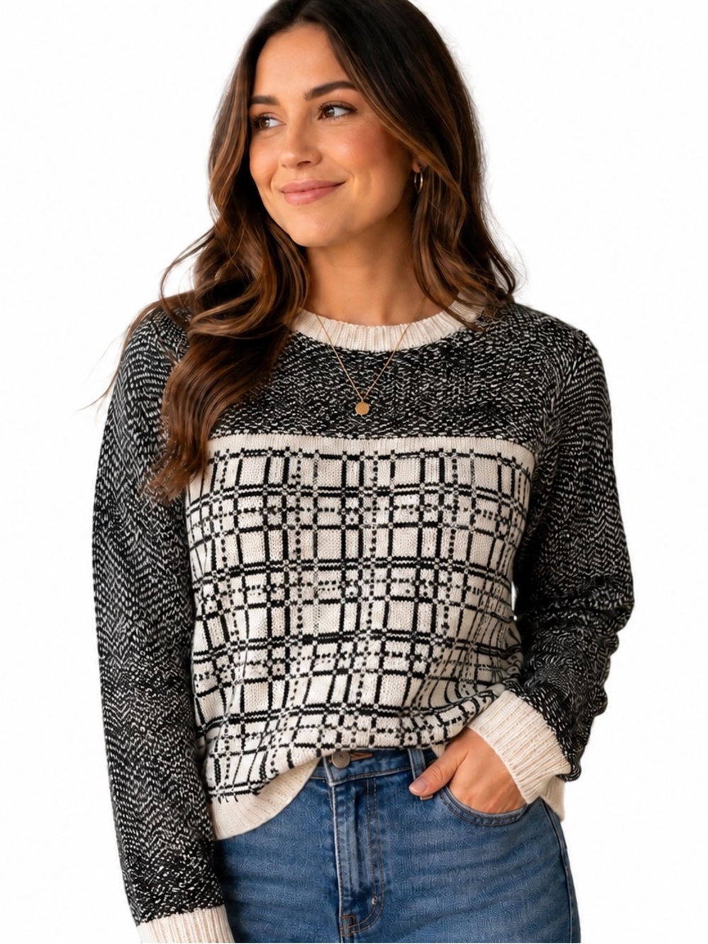 LOFT Petite Black Ivory Plaid Marled Knit Crewneck Sweater MP